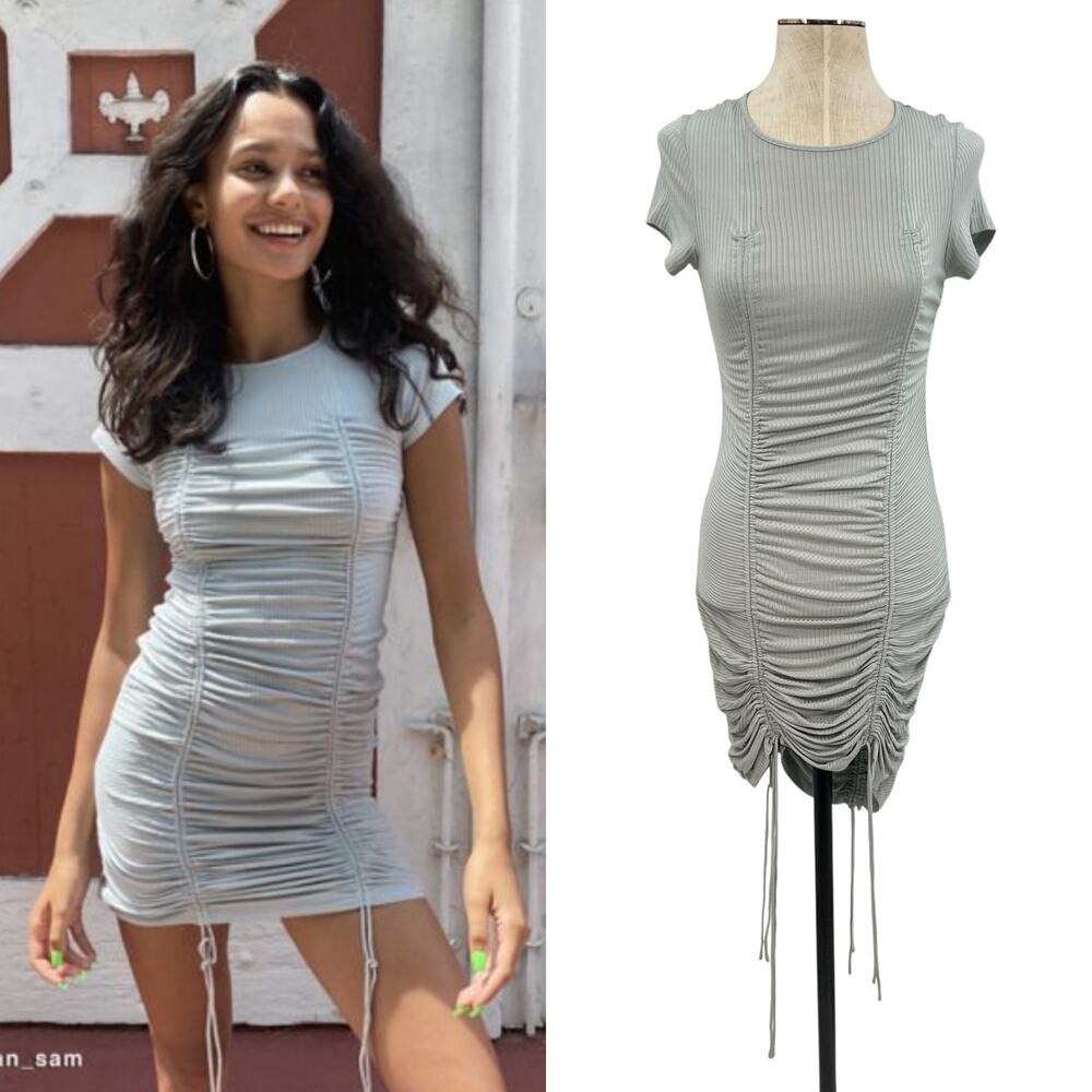 Urban Outfitters Lioness Eyes For You Ruched Mini Dress Short Sleeve Gray XS